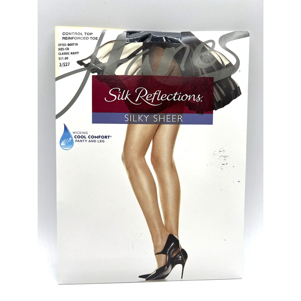 HANES SILK REFLECTIONS STOCKINGS SILKY SHEER CLASSIC NAVY C-D 718 CONTROL TOP